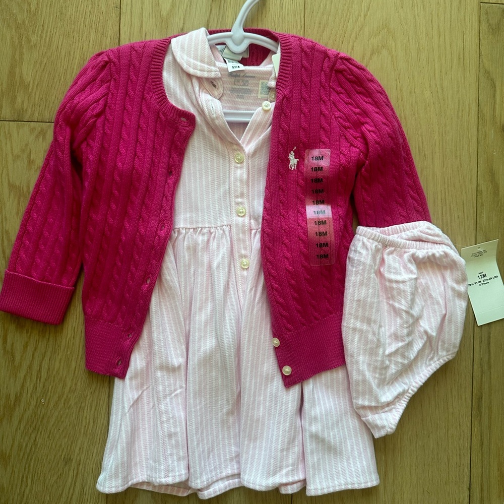 Polo Ralph Lauren Girls 12 month 18 month Set pink dress cardigan holidays